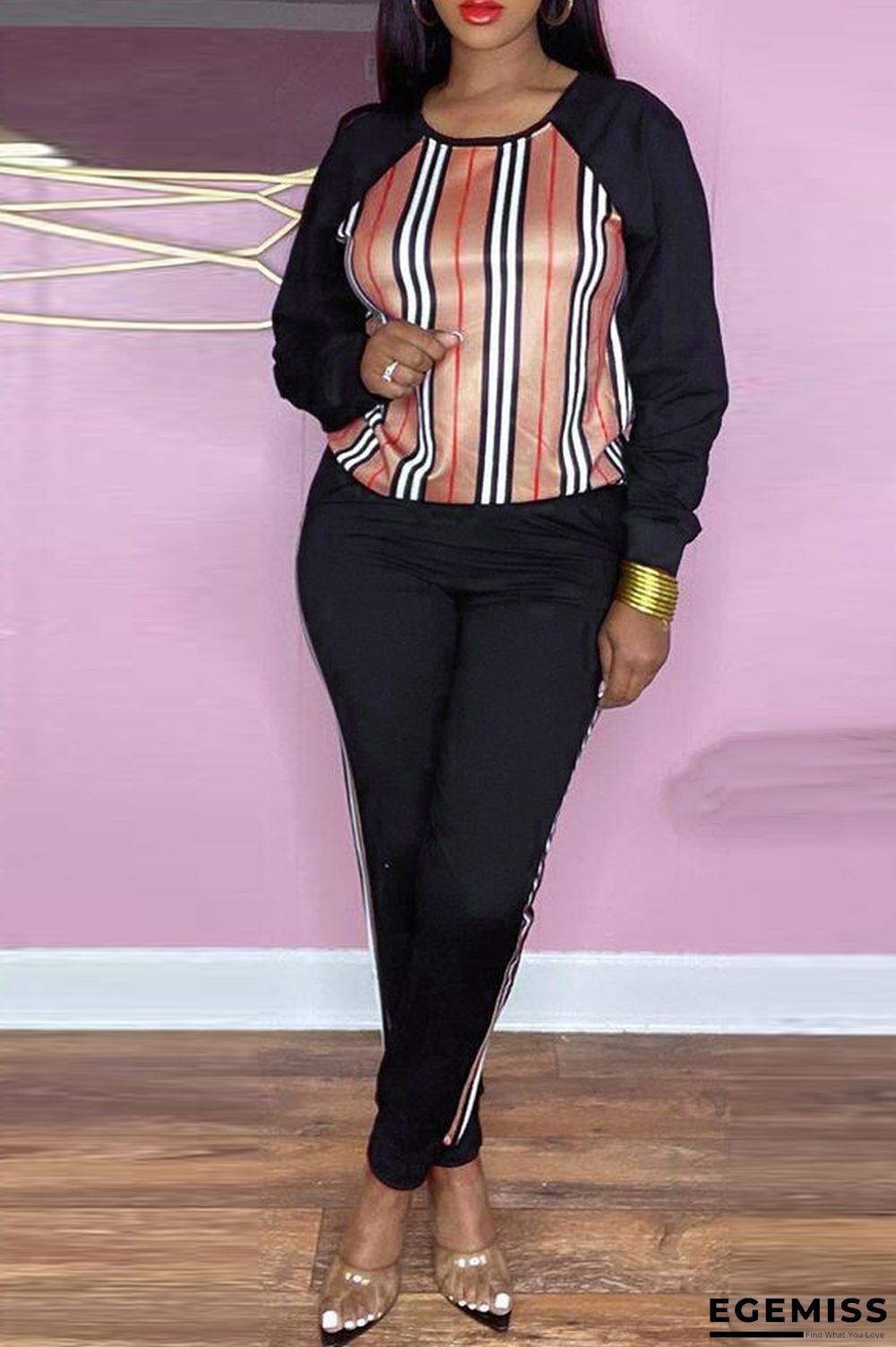 Black Fashion Casual Striped Patchwork O Neck Long Sleeve Two Pieces | EGEMISS