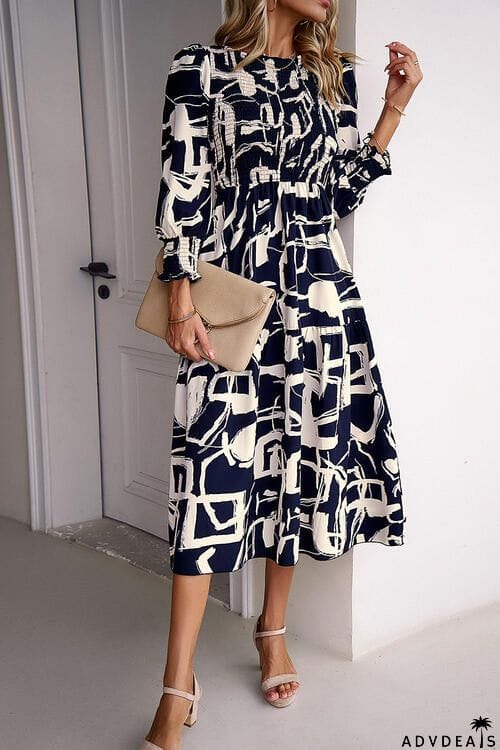 Printed Smocked Ruffle Hem Dress