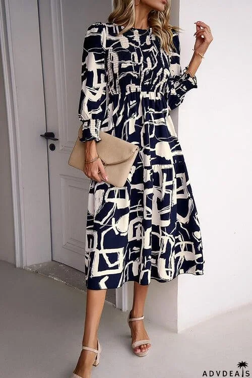 Printed Smocked Ruffle Hem Dress