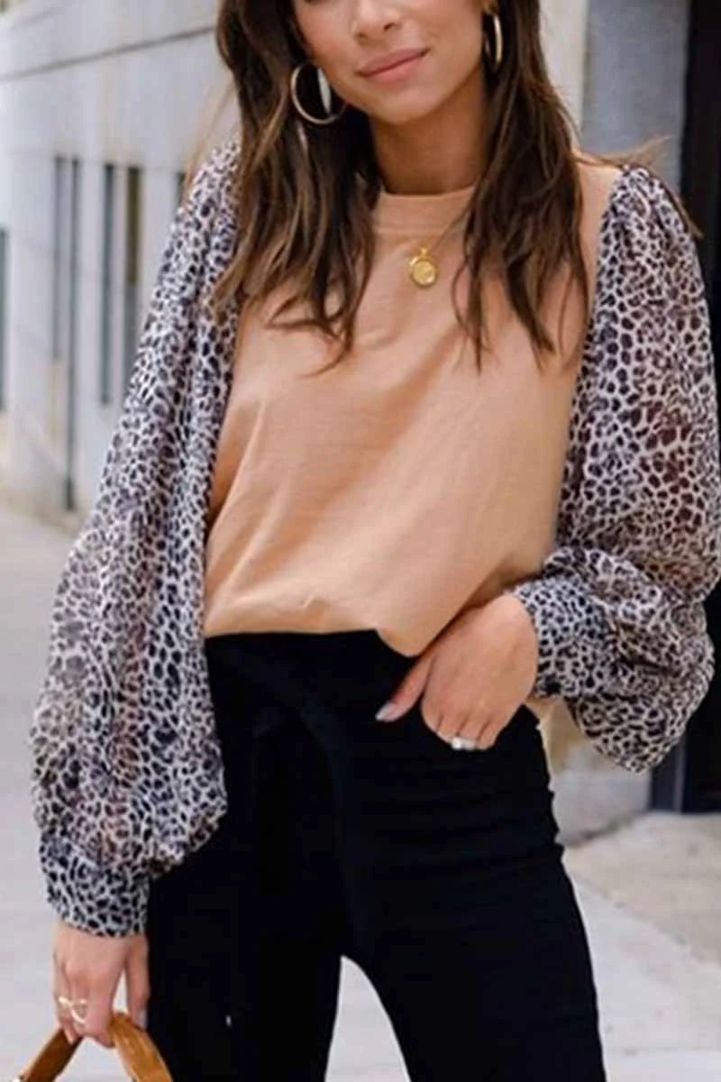 Florcoo Leopard Round Neck Loose Top
