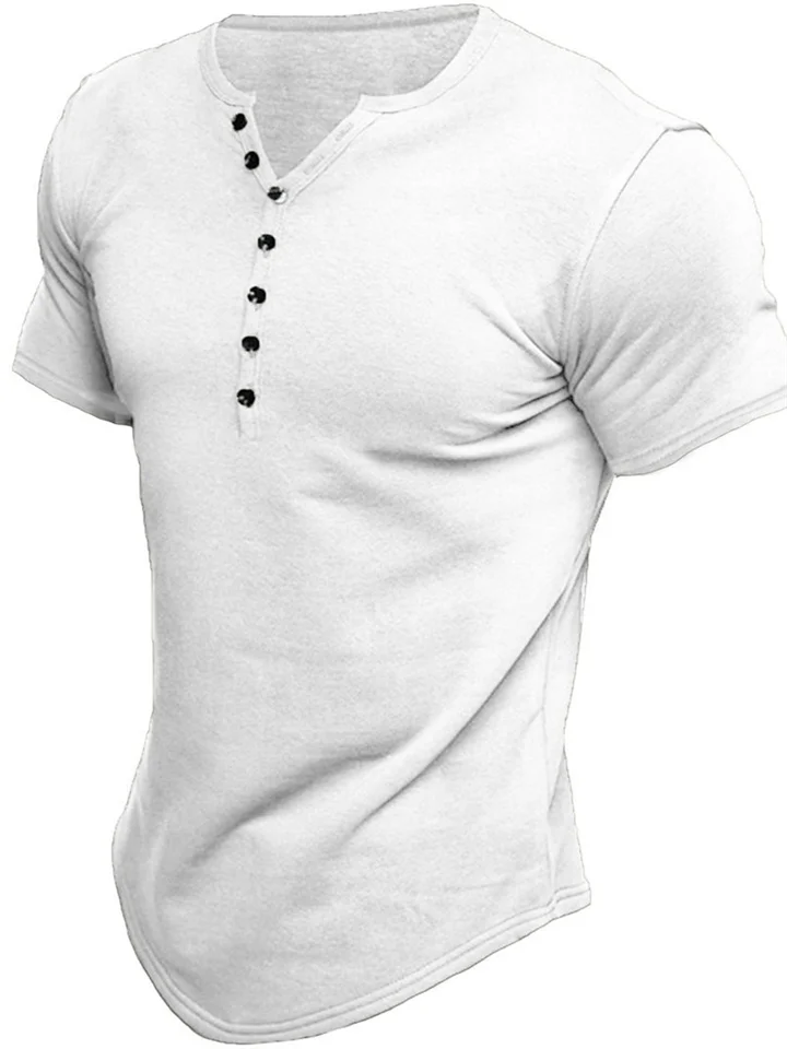 Summer New Men's Henley Shirt Short-sleeved Men's Solid Color Buttons T-shirt Tops-JRSEE