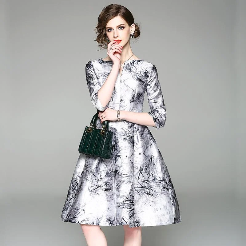 A-line satin print dress with belt