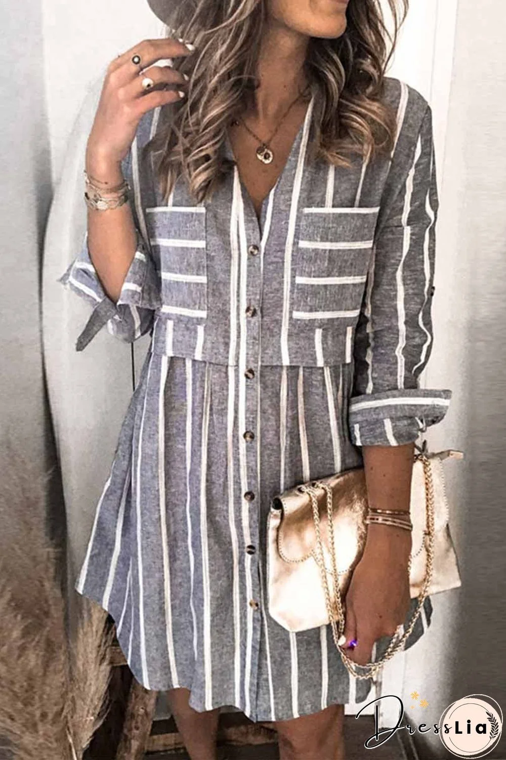 Striped Stitching High Waist Pocket Shirt Mini Dress