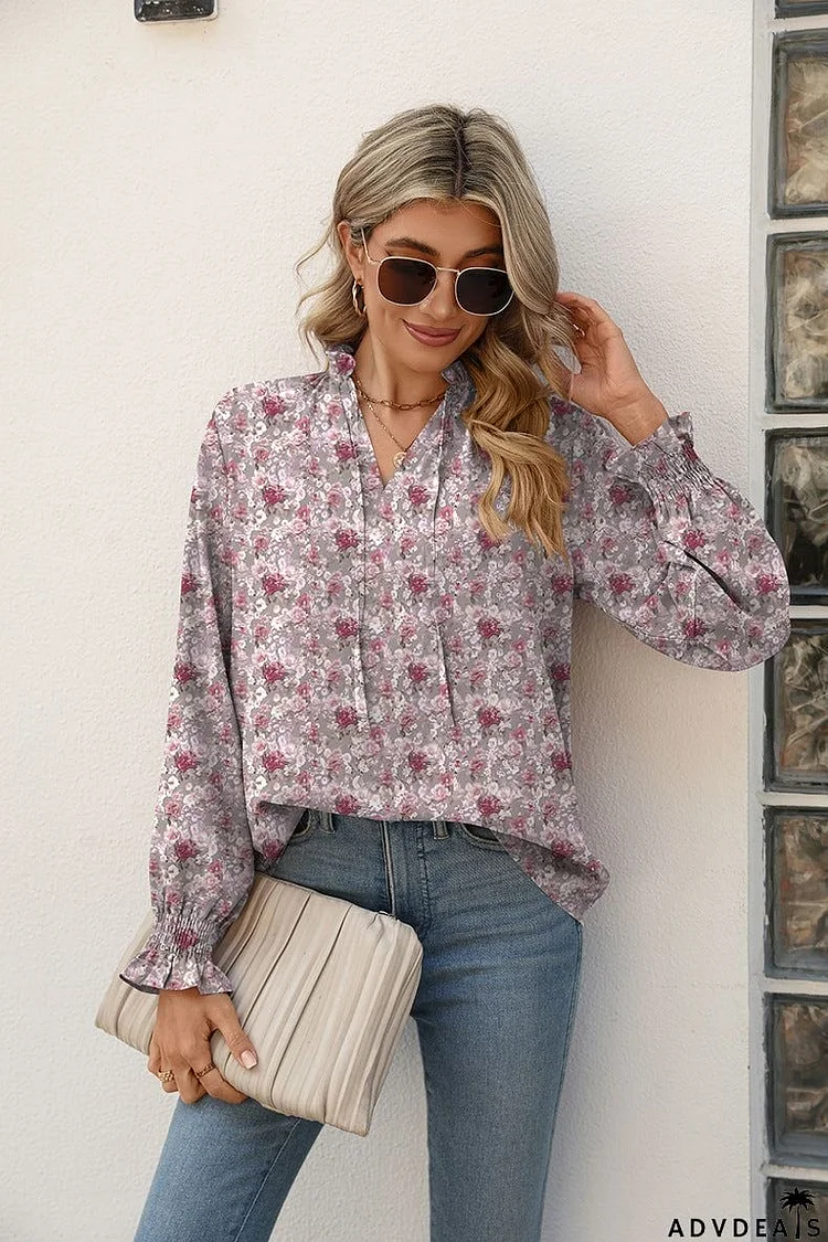 Printed Tie Neck Flounce Sleeve Blouse