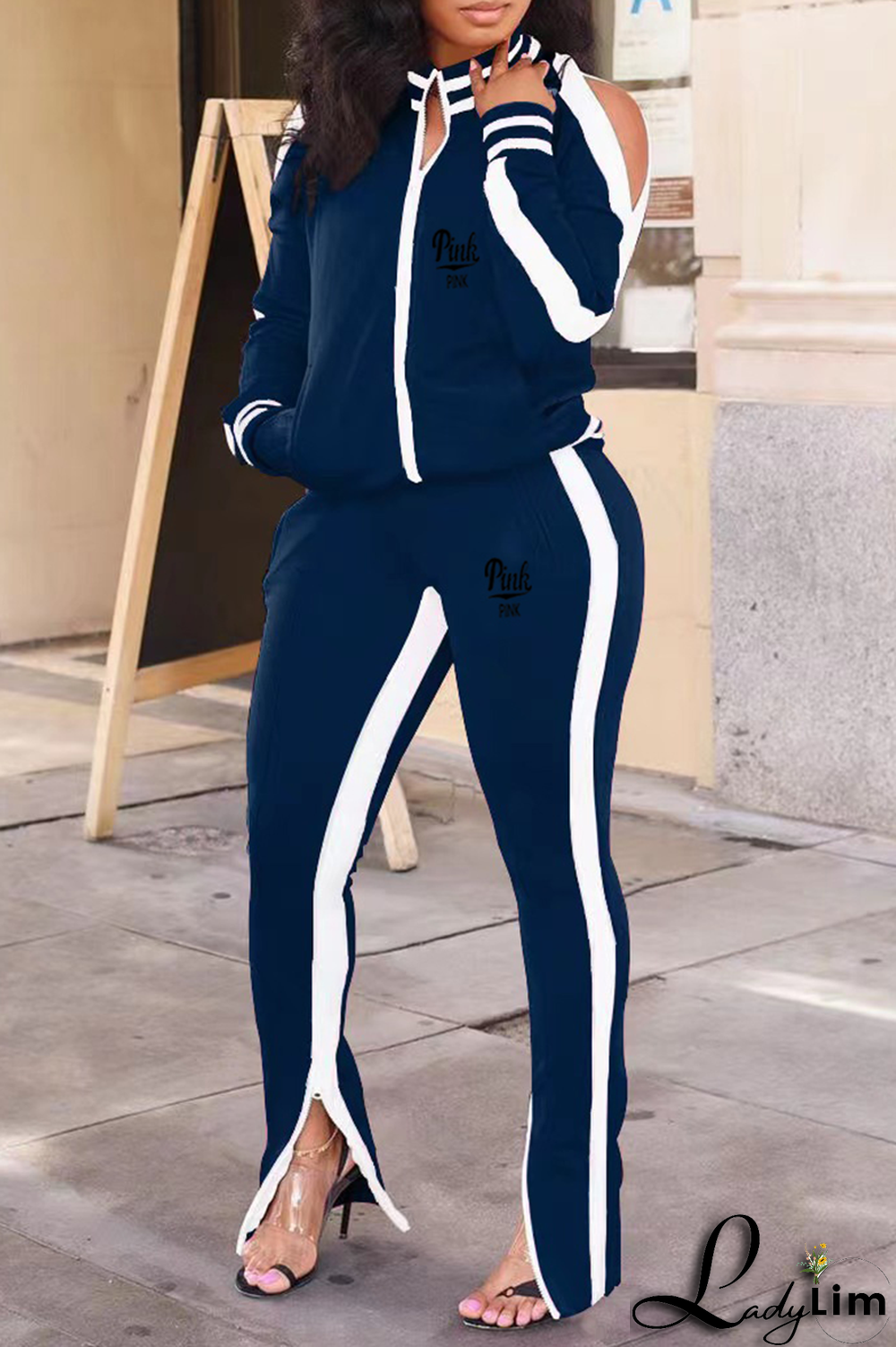 Black Yellow Casual Print Slit Zipper Collar Long Sleeve Two Pieces