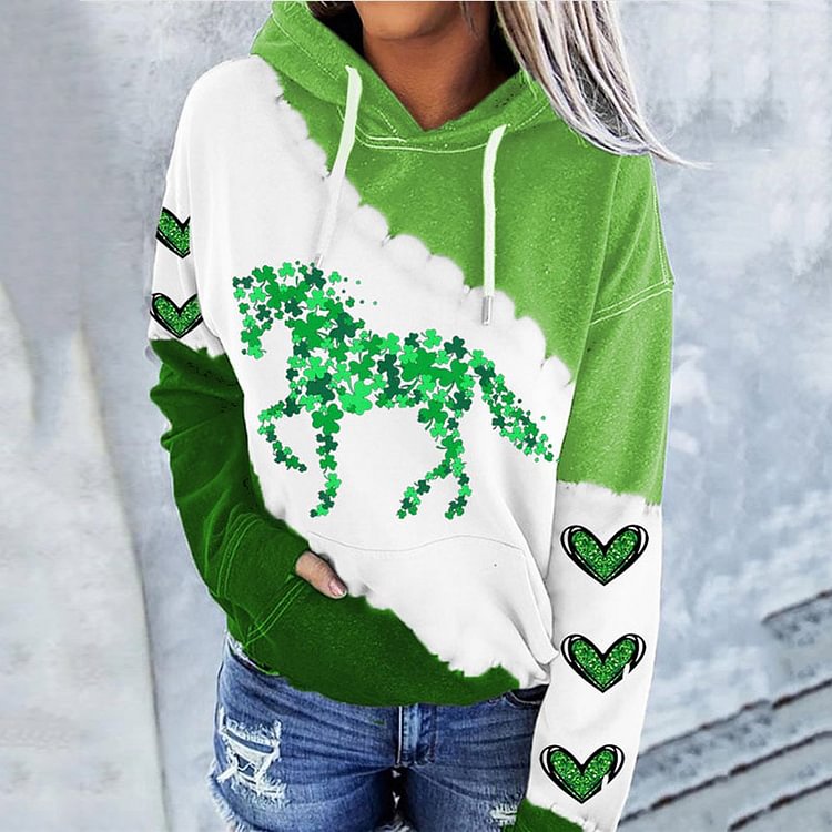 Comstylish St. Patrick's Day Shamrock Horse Print Slouchy Hoodie