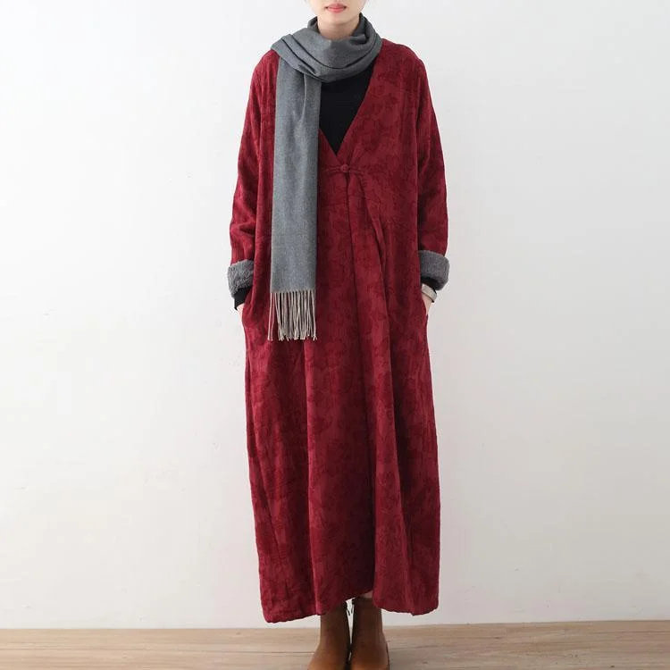 Elegant burgundy cotton jackets casual maxi coat vintage trench coat thick