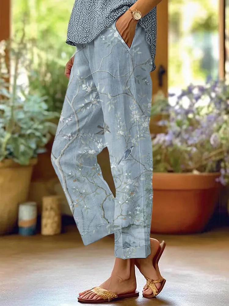 Women's Flower Birds Landscape Art Floral Print Loose Casual Pants (With Pockets)