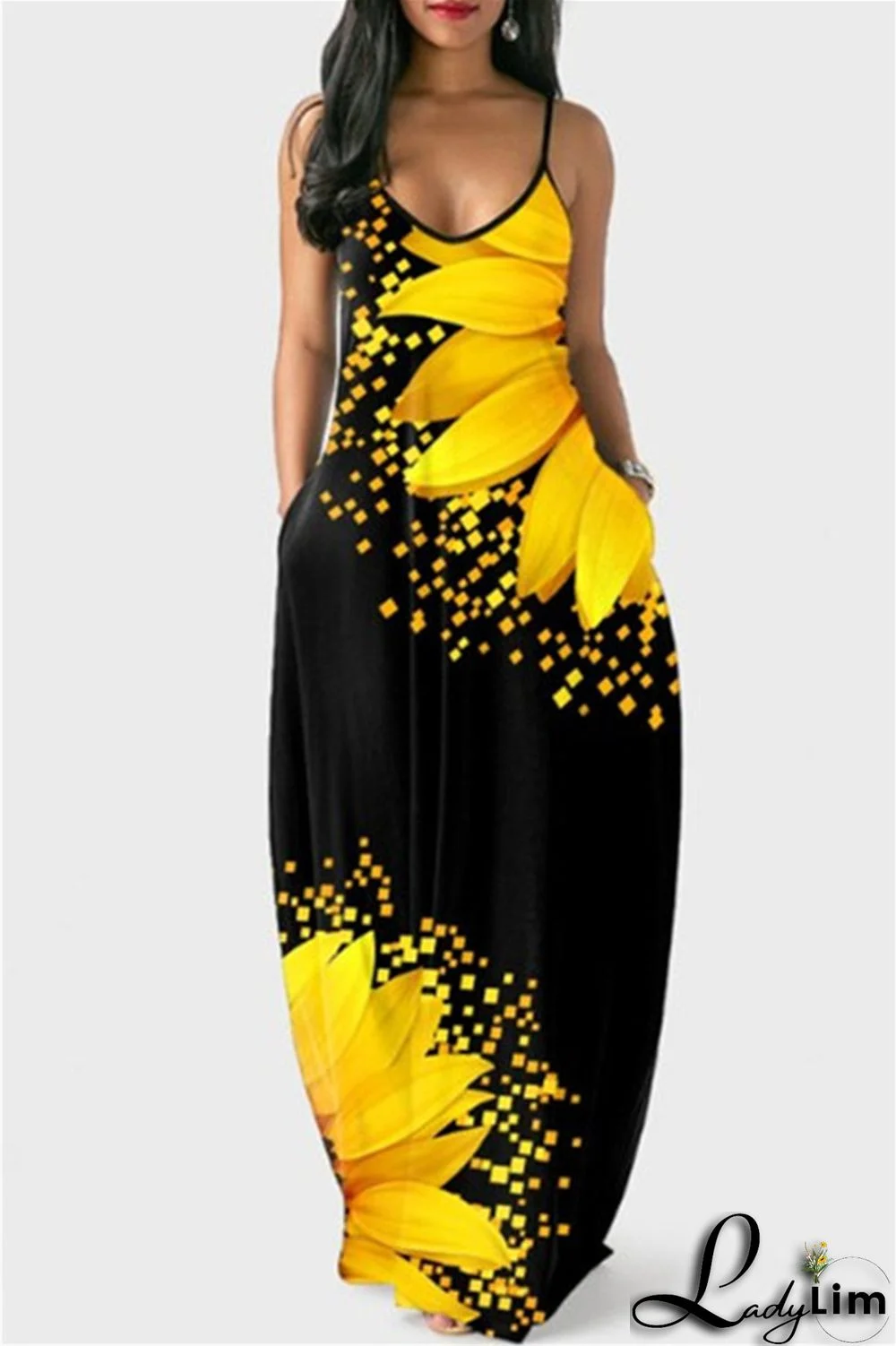 Yellow Fashion Sexy Print Backless Spaghetti Strap Long Dress