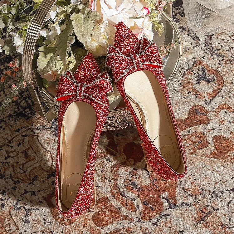 Red Sequins Bow Pointed Wedding Shoes