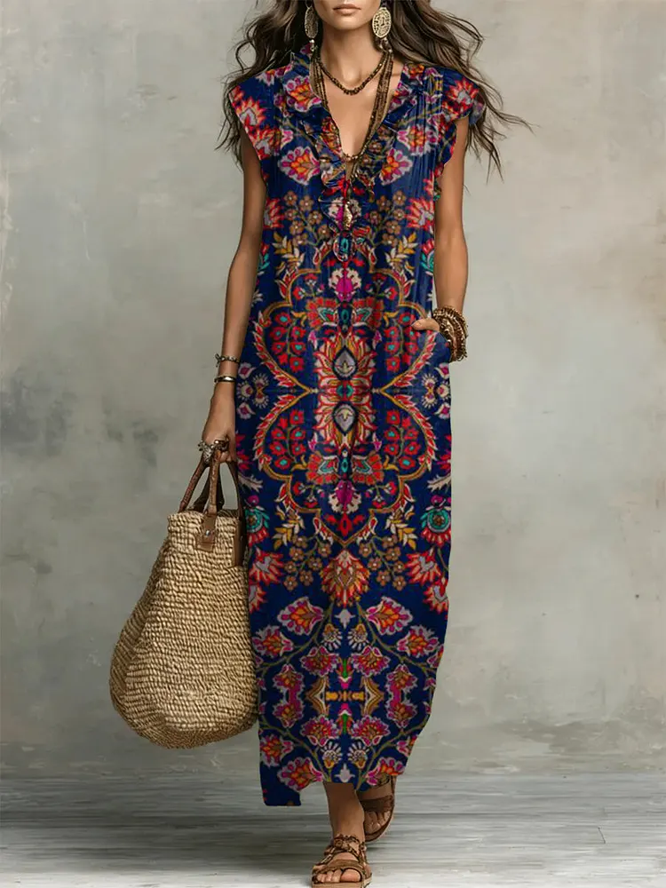 Women's Retro Floral Pattern Art Print Casual Ruffled Stylish Cotton Linen Dress