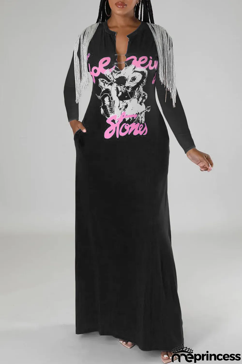 Light Brown Sexy Street Print Tassel Patchwork V Neck Straight Dresses