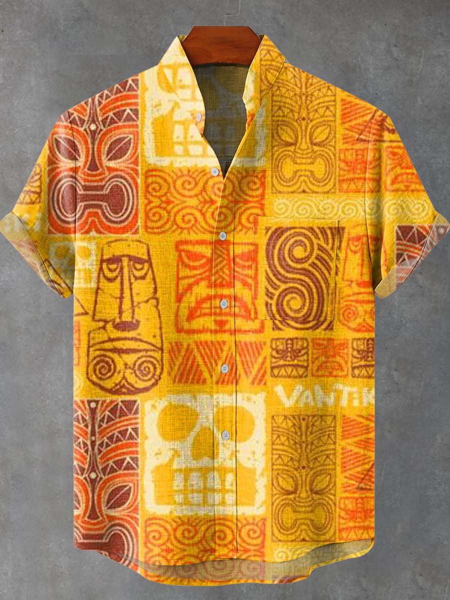 Vintage African Art Abstract Mask Vintage Print Casual 100% Cotton Shirt