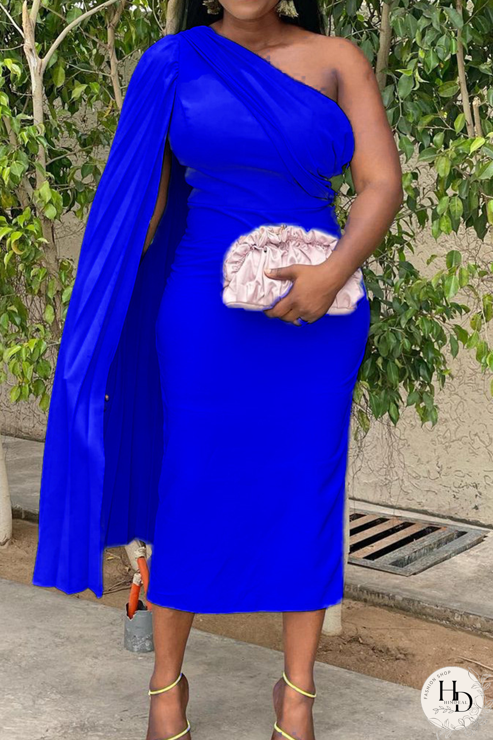 Royal Blue Sexy Solid Split Joint One Shoulder Pencil Skirt Dresses