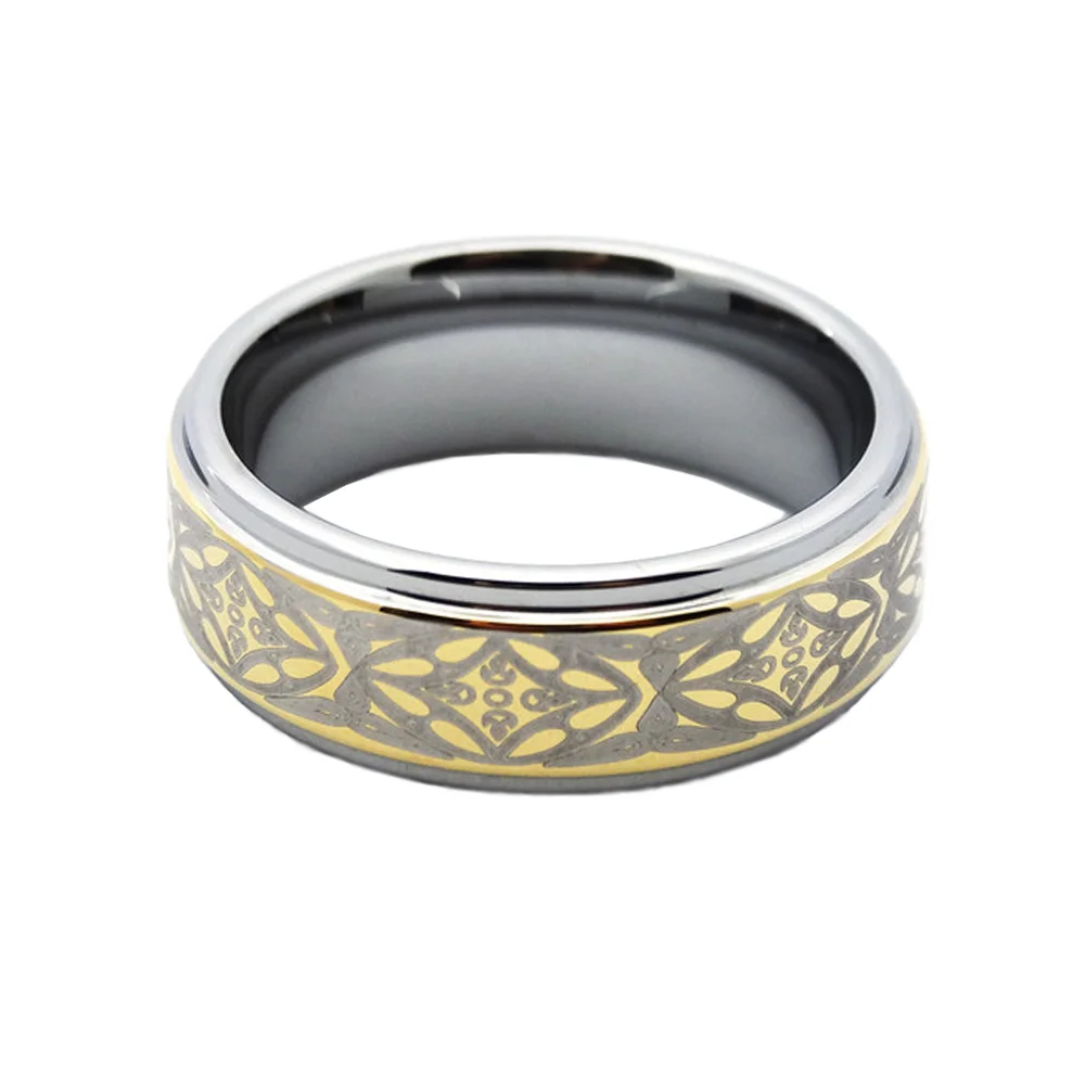 8MM Gold Celtic Laser Tungsten Carbide With Silver Step Edge Mens Wedding Band