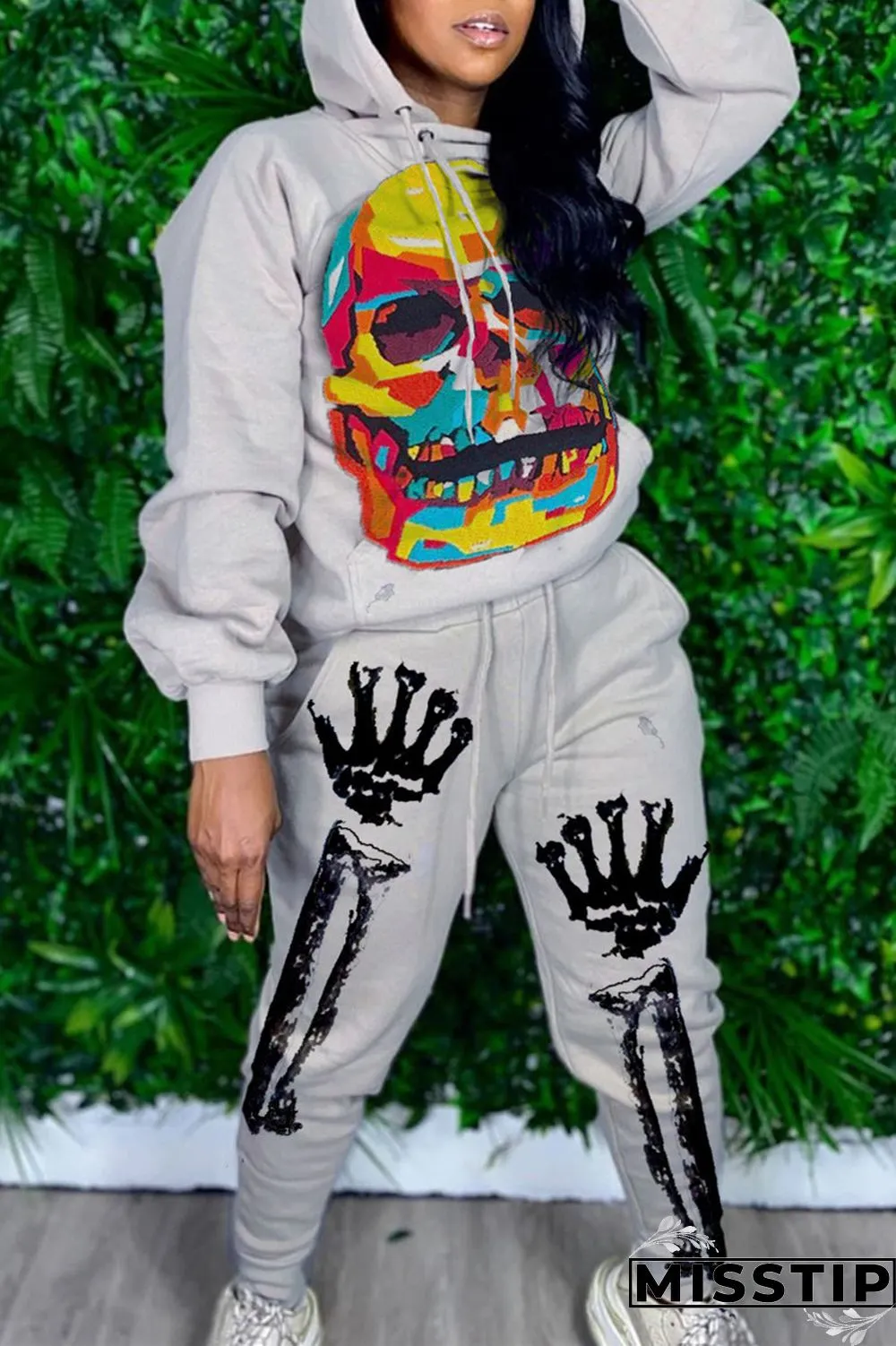 Grey Casual Print Hooded Collar Long Sleeve Regular Sleeve Two Pieces