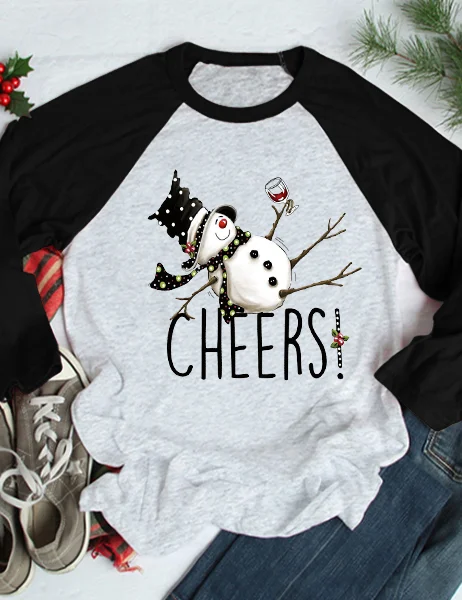 Cheers Snowman Christmas Raglan 3/4 Sleeve T-Shirt