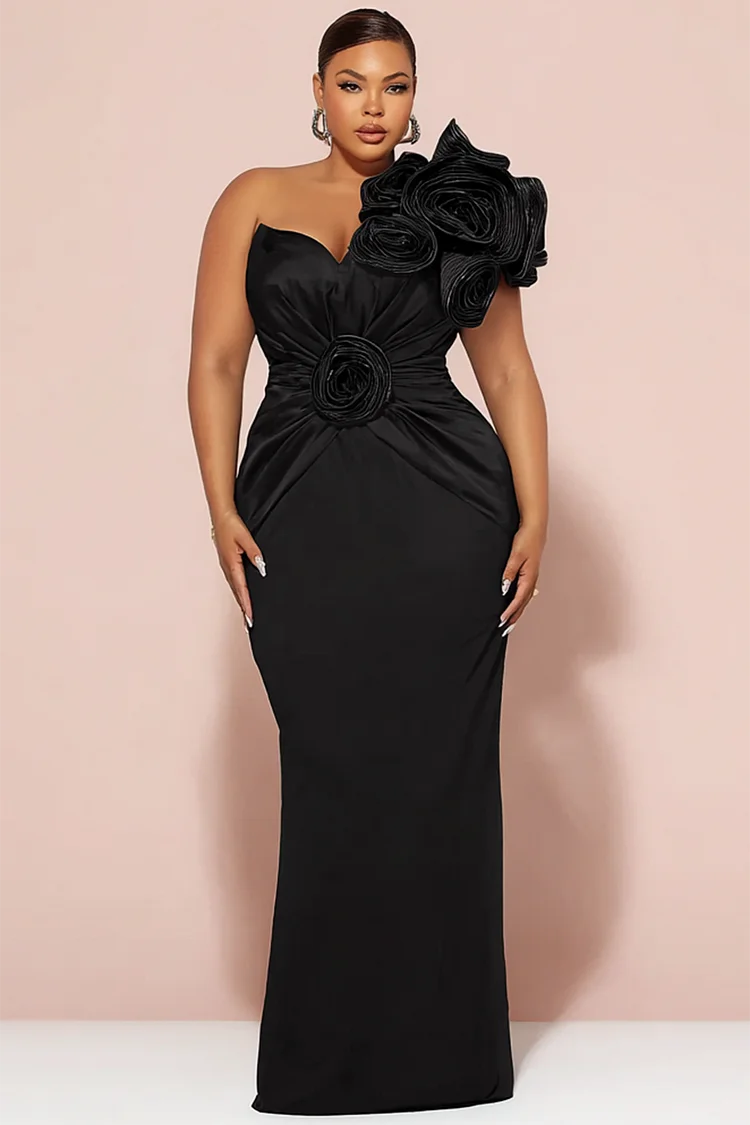 Xpluswear Design Plus Size Formal Black One Shoulder 3D Bodycon Maxi Dresses [Pre-Order] 2024 - Xpluswear