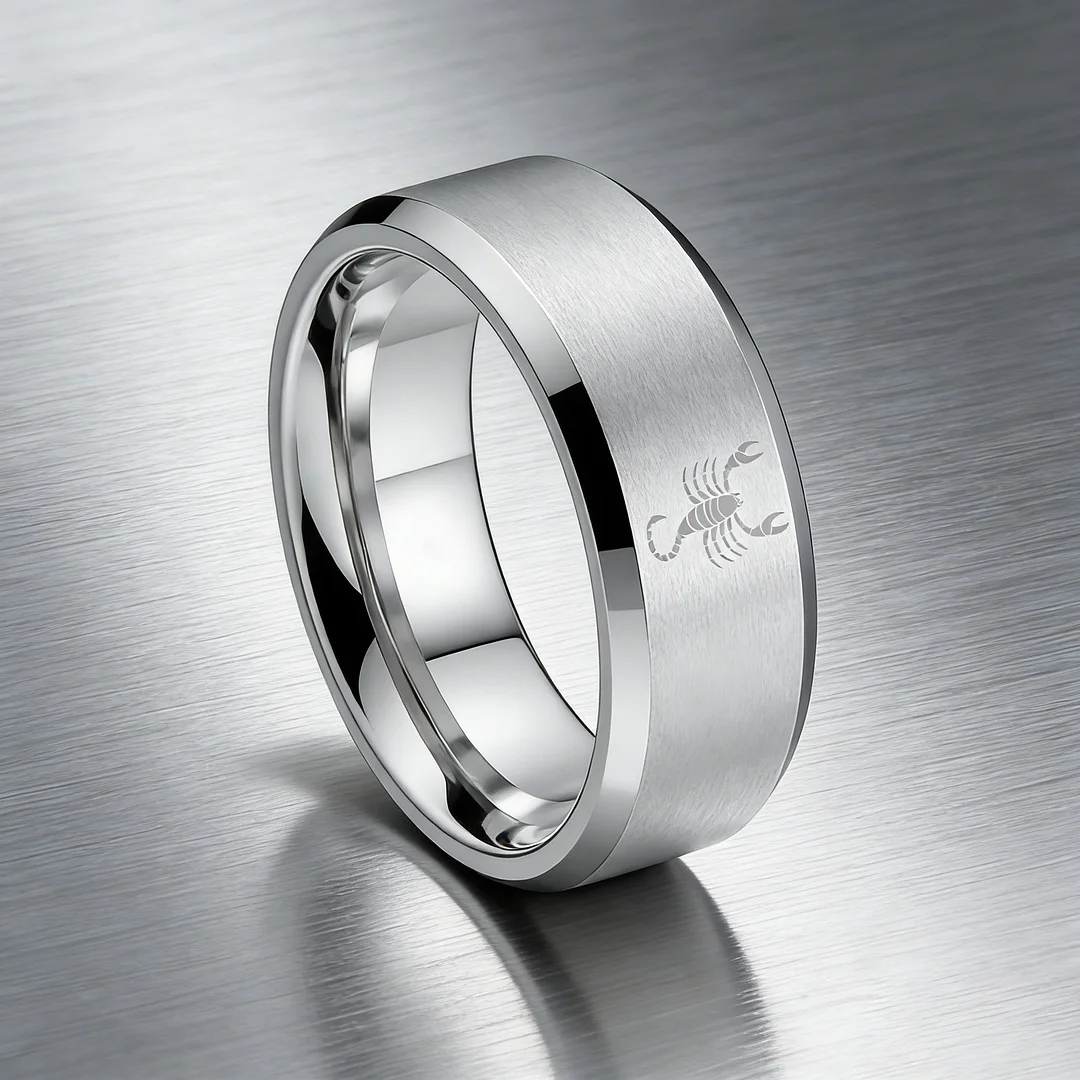 Beveled Edges Sliver Laser Etched Couple Tungsten Carbide Rings Sliver Scorpio Tungsten Wedding Band 4MM 6MM 8MM