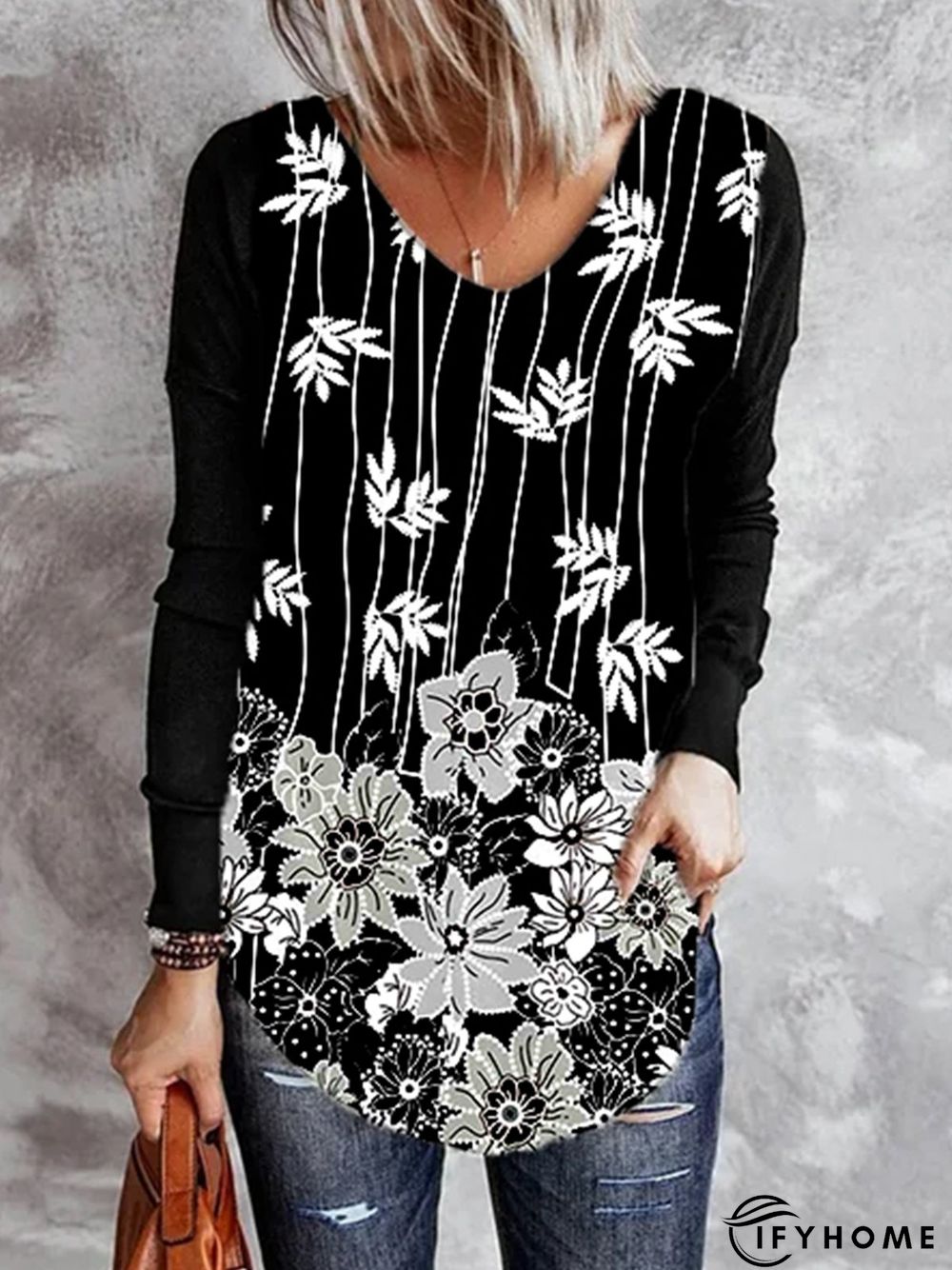 Floral V Neck Polyester Cotton Tunic T-Shirt | IFYHOME