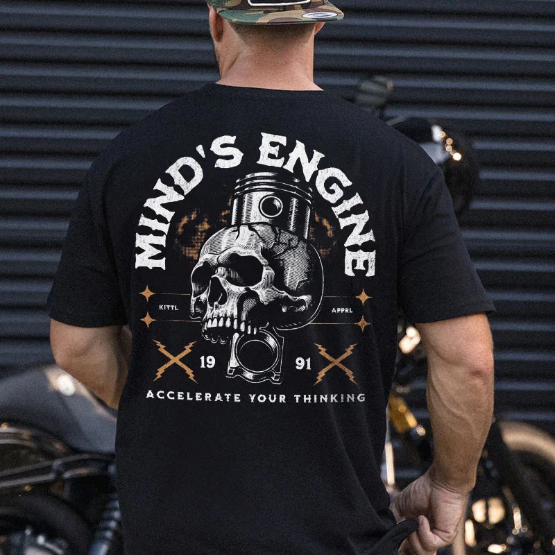 MIND'S ENGINE Skull Piston Print Men's T-shirt