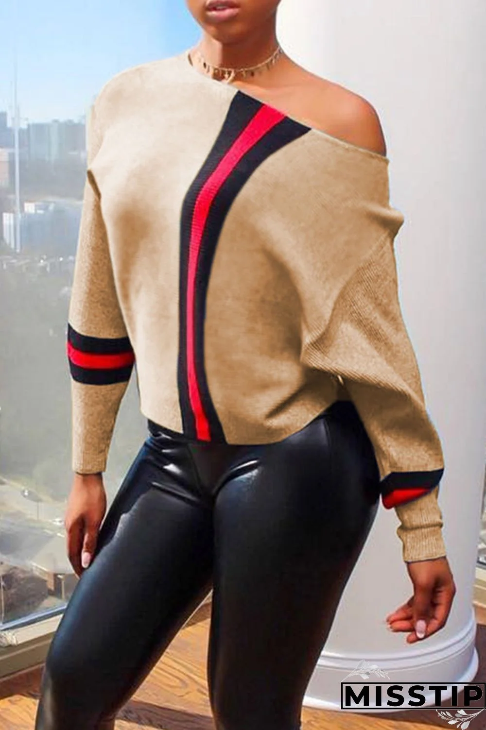 Blue One word collar Long Sleeve Patchwork Ribbon Solid