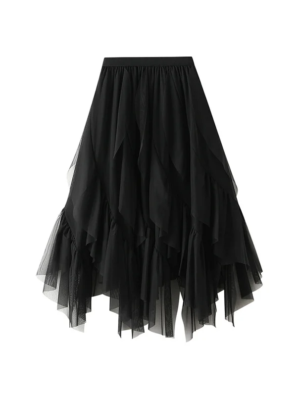 A-Line Loose Elasticity Gauze Pleated Solid Color Split-Joint Skirts