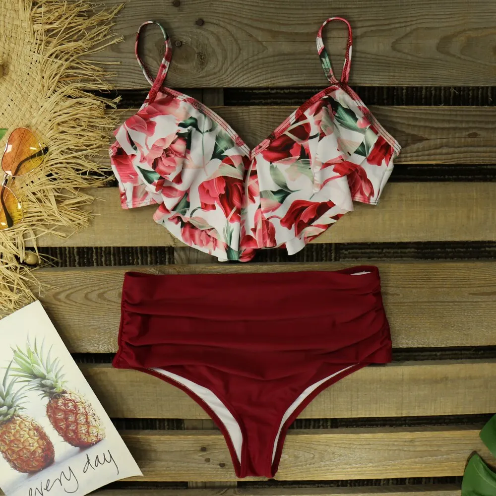 High Waist Bikini Set 2020 New Sexy Print Floral Swimwear Women Swimsuit Ruffle Bathing Suit Beach Wear Biquini female
