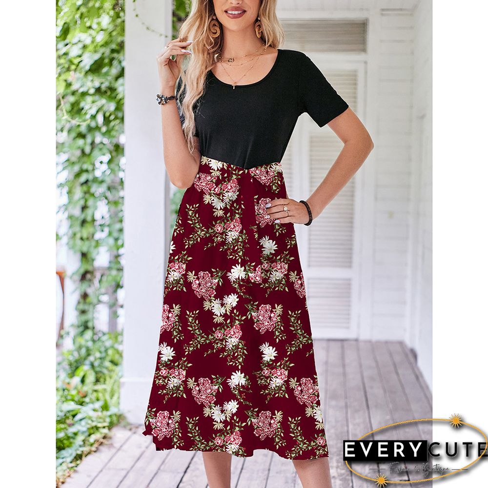 Burgundy Floral Print Spliced Short Sleeve Dress