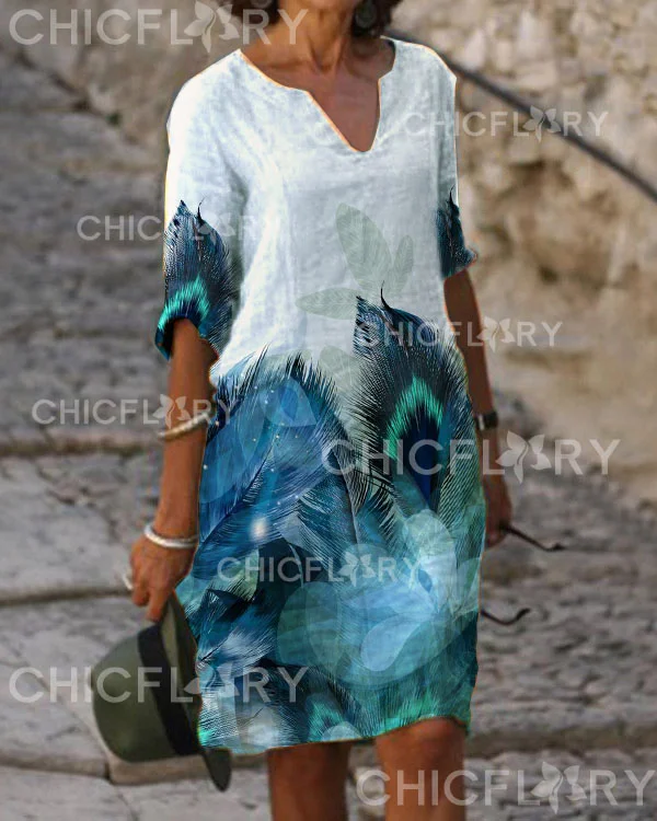 Casual V-Neck Mid Length Peacock Feather Dress