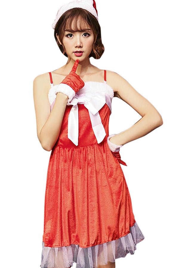 Womens Sexy Bow Spaghetti Straps Backless Christmas Santa Costume Red-elleschic