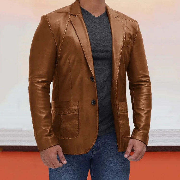 Men's Lapel Collar Single Breasted Pockets Solid Color  Vintage Stylish Leather Blazer Jacket