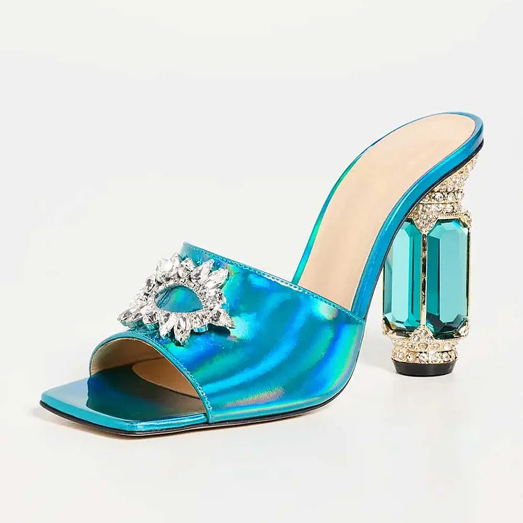 Blue Iridescent Open Square Toe Crystal Decorative Heel Mules Sandals |FSJ Shoes