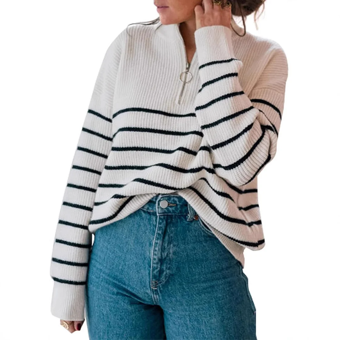 Wongn Wongn And Winter Women's Sweater Fashion Women's Long Sleeve Knit Zip Striped Pulper