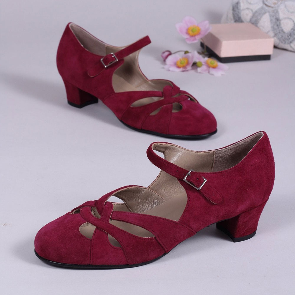 Vintage Round Toe Ankle Strap Buckle Block Heel Red Pumps for Women Nicepairs