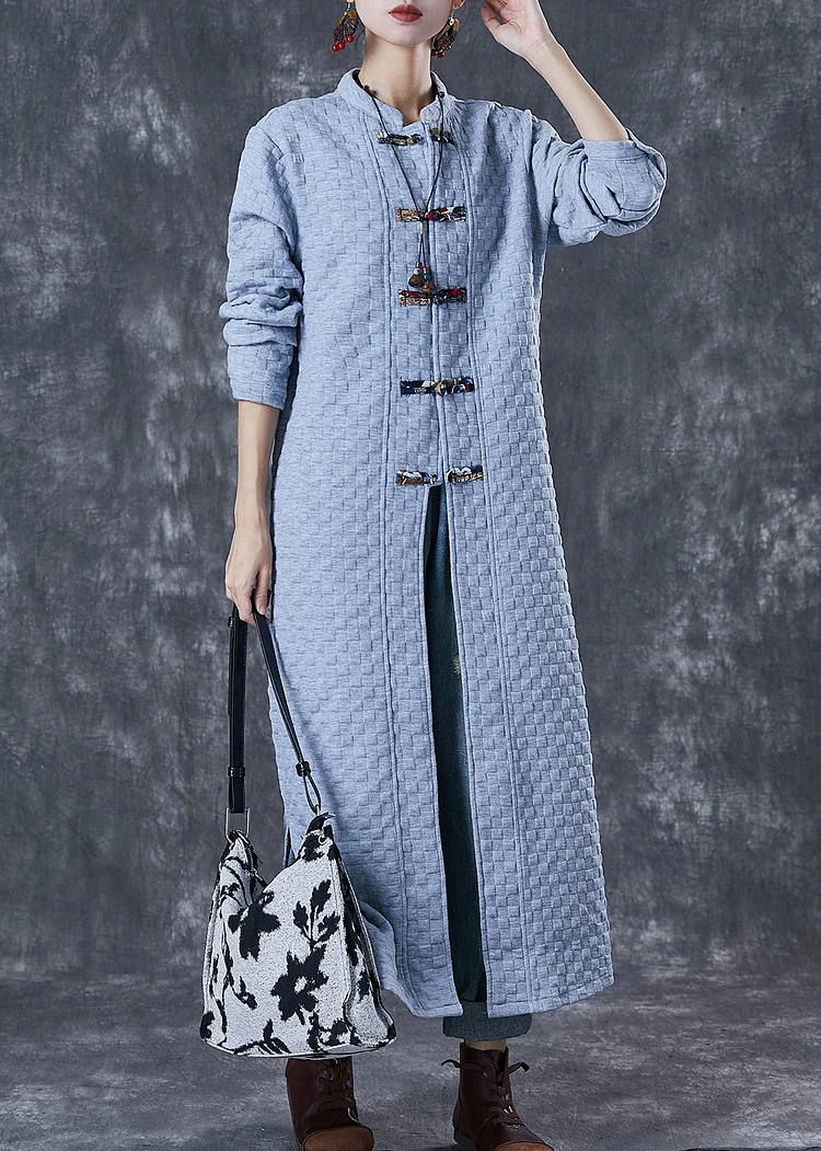 Plus Size Blue Grey Chinese Button Cotton Trench Coats Fall