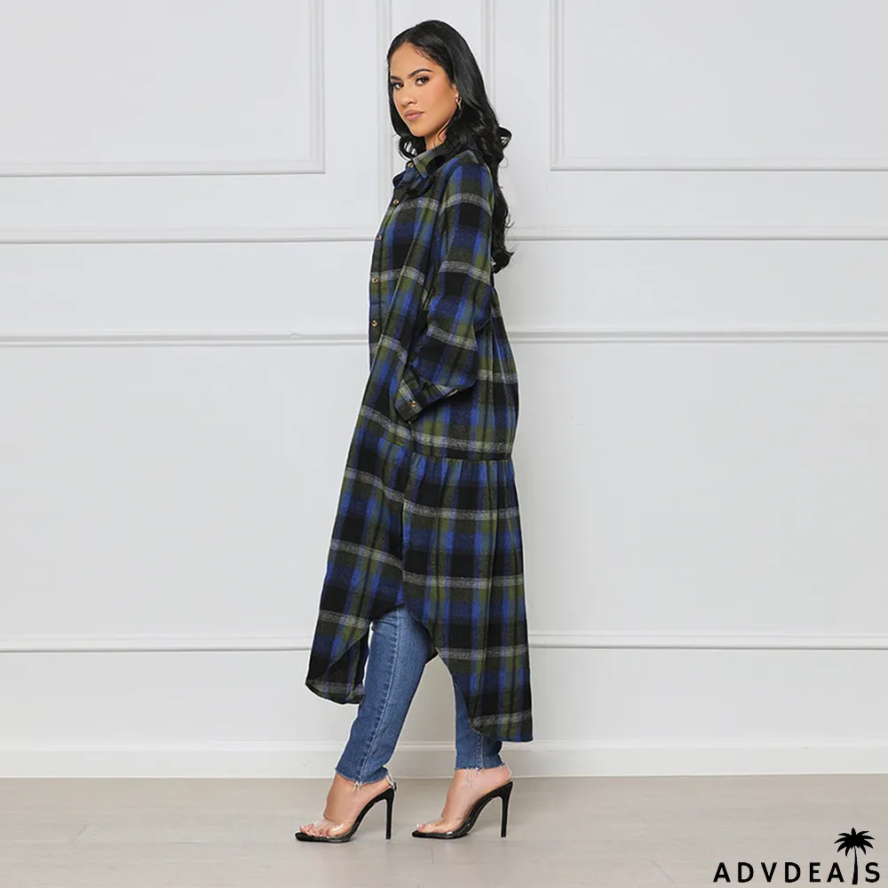 Women's Fashion Plaid Button Pockets Long Sleeve Slim Waist Coats