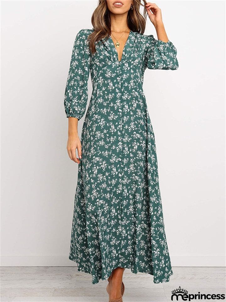 Classy High Waisted Vintage Floral V Neck Long Dresses For Women