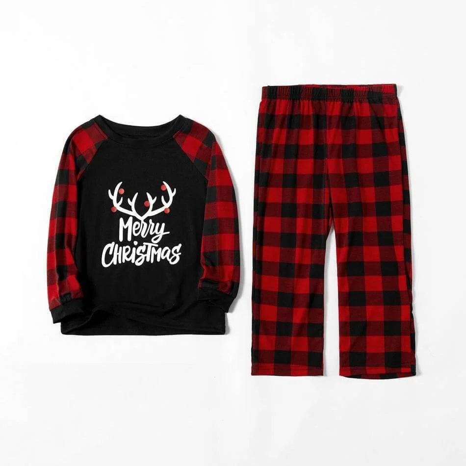 Merry Christmas Antler Contrast top and Plaid Pants Family Matching Pajamas Set(with Pet Dog Clothes)