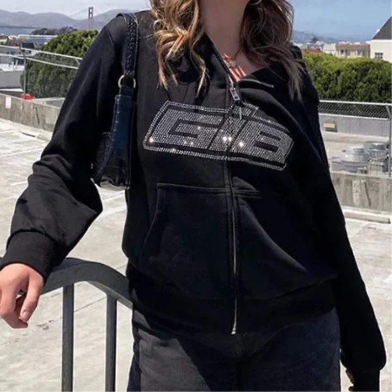 Y2K Fashion Rhinestone Oversized Jacket Vintage Solid Letter Long Sleeve Black Zipper Jackets Coats Autumn Loose Streetwear
