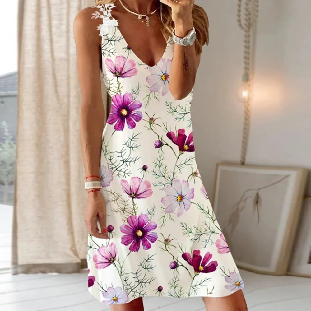 Romantic Sleeveless Floral Print Mini Dress