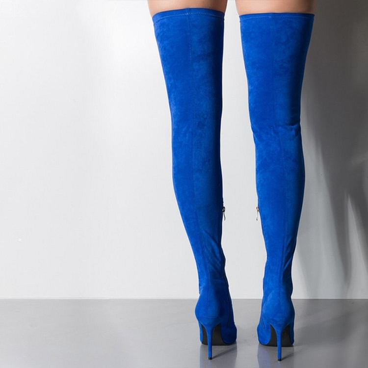 Royal Blue Suede Thigh High Heel Boots for Women |FSJ Shoes