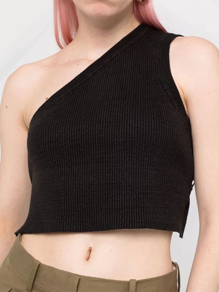 Jacuqeline 2022 Summer Knit y2k Crop Top Women Sexy One Shoulder Backless Tank Tops Casual Basic Sleeveless Camis Beach Fashion
