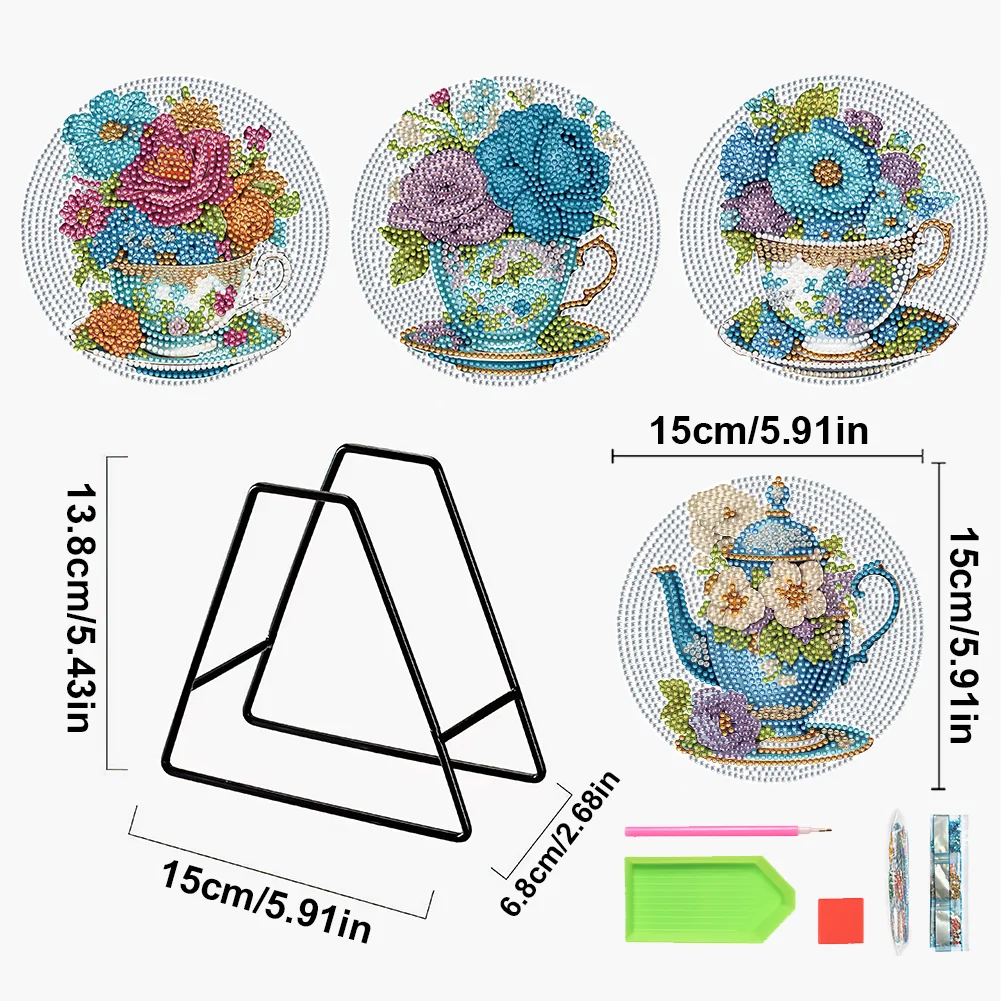 4pcs DIY Flower Tea Wooden Diamond Painted Placemats Tableware Mat with Holder