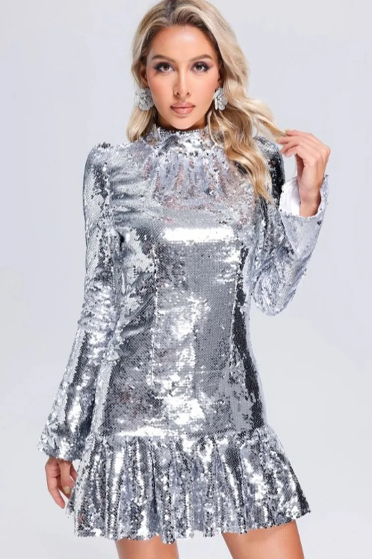 Mock Neck Ruffle Hem Sequin Mini Dress-Silver