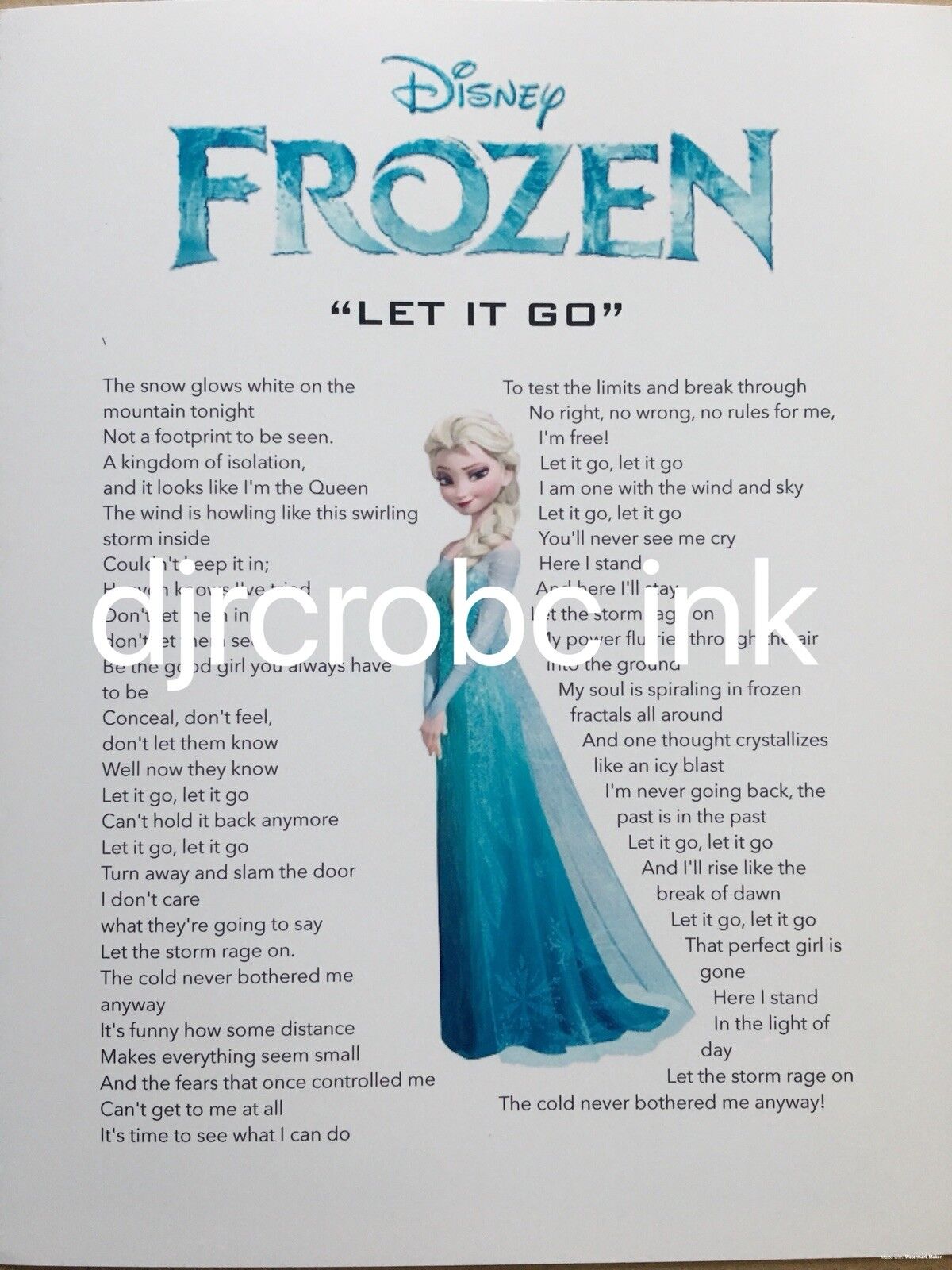 DISNEY FROZEN- Idina Menzel Music Lyric Sheet 8.5x11 Photo Poster painting - Let It Go