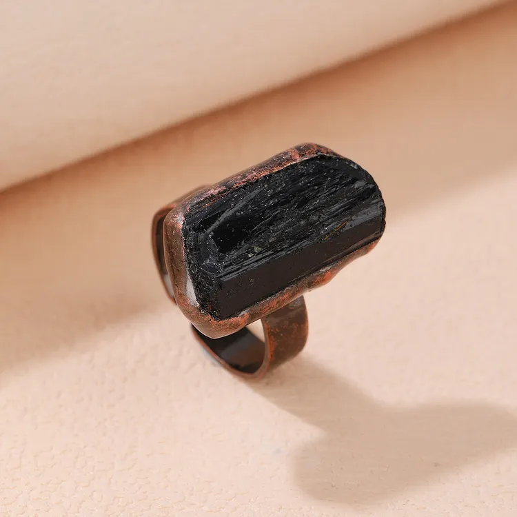 Black Tourmaline Ring Raw Stone Open Band Ring