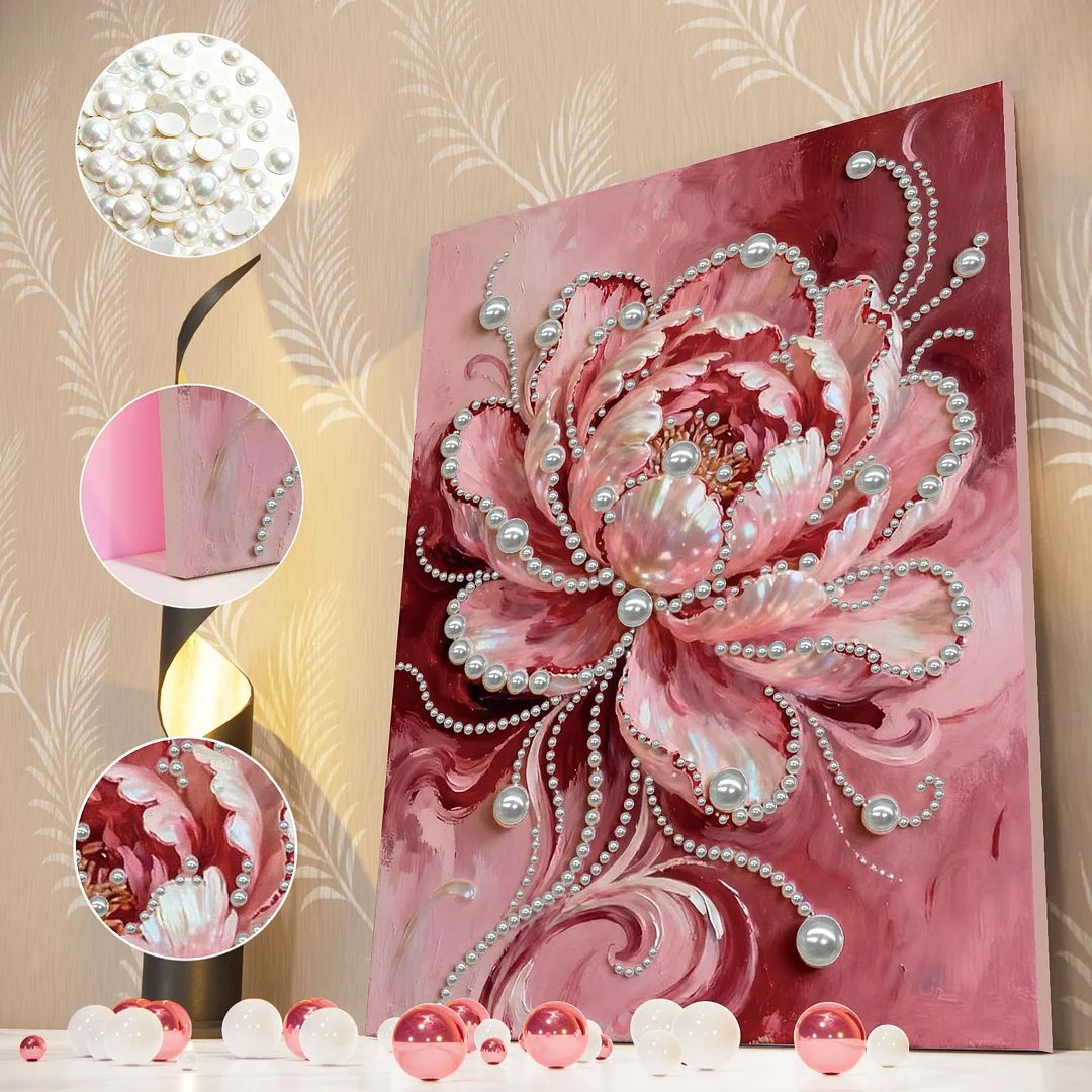 Pink Flowers DIY Pearl Diamond Art Kit for Adults Home Decor With Frame 30x40cm