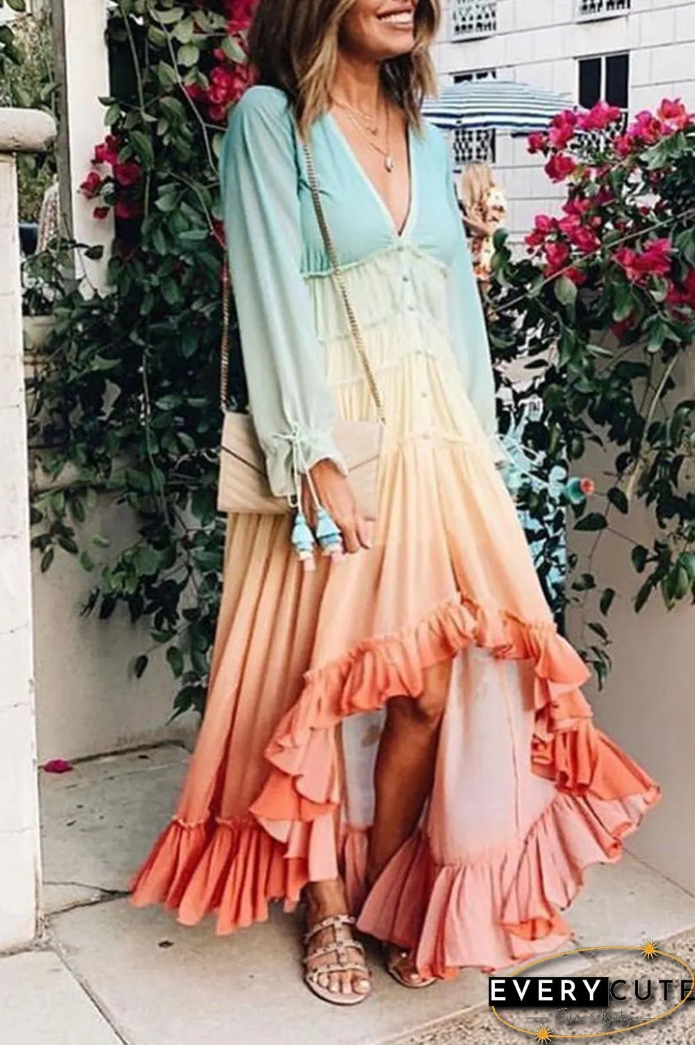 Gradient Color Ruffled High Low Maxi Dress