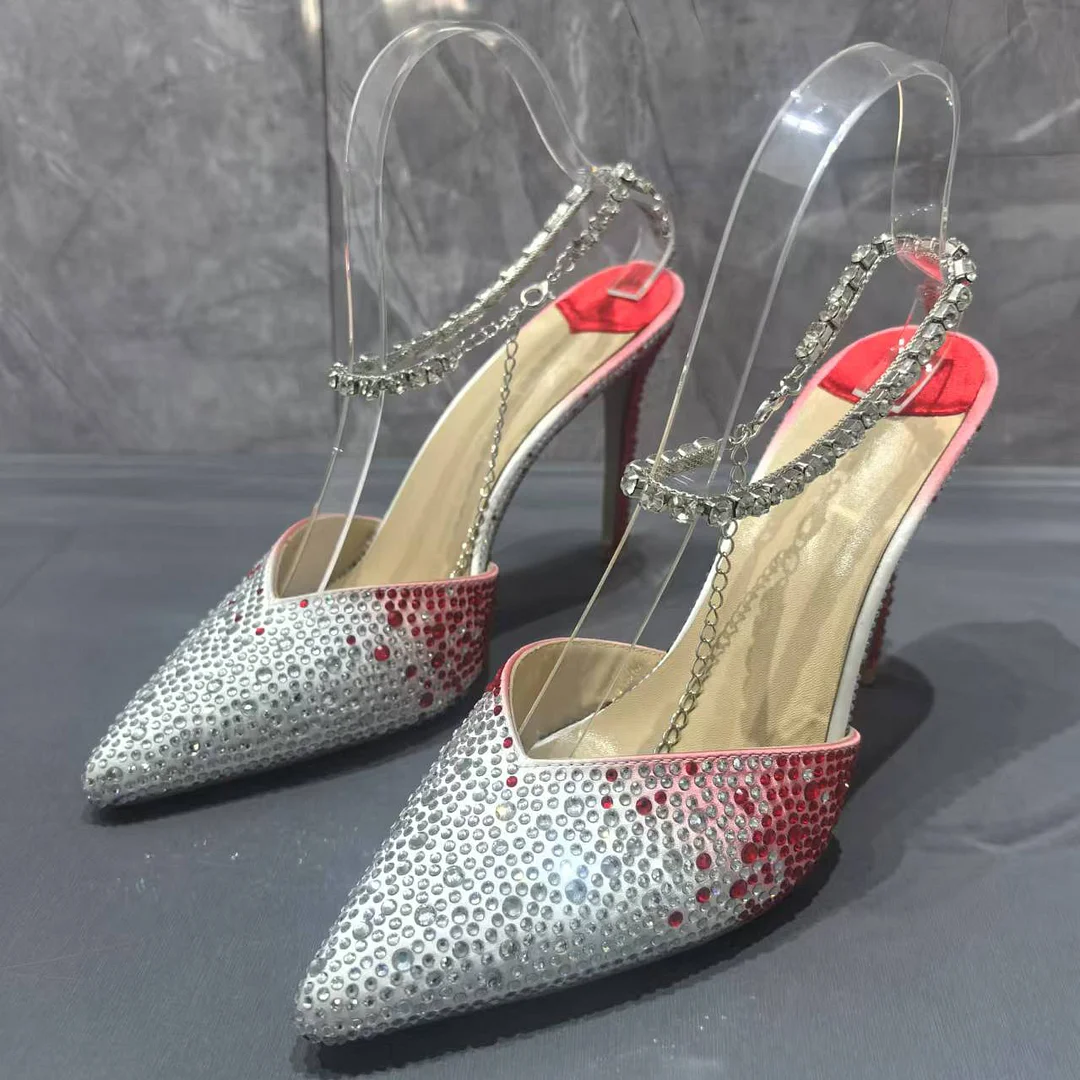 Women's 80mm/100mm/120mm High Heels Rhinestone Crystal Ankle Chain Pointed Toe Stilettos Pumps Shoes